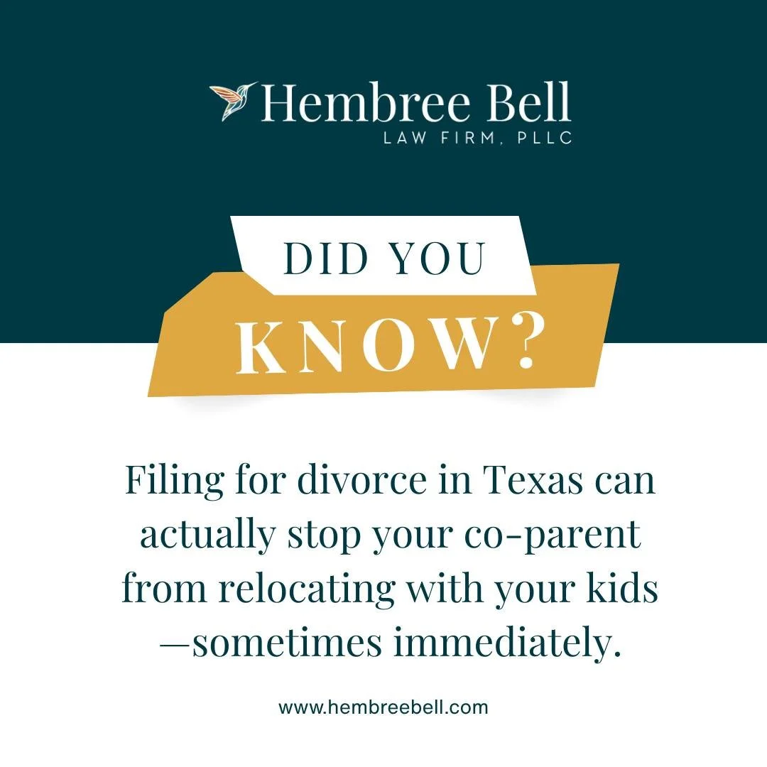 In many Texas counties, filing for divorce triggers automatic standing orders that prohibit either parent from changing the children's schools without court approval. Since relocating almost always means a school change, this can effectively prevent 