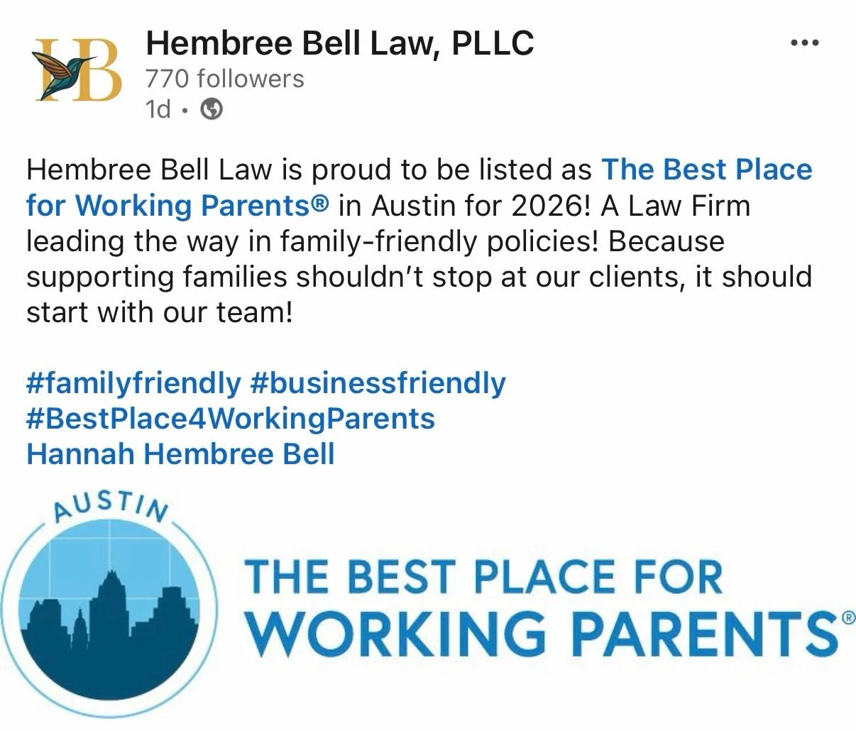 Proud to be named Austin&rsquo;s Best Place For Working Parents!

Want to learn what it&rsquo;s like to work with us? Head over to Hembreebell.com to apply ✨🙌