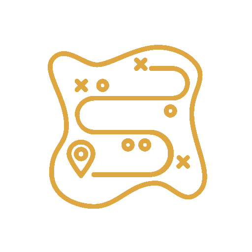 Map with a path, location pin, and various markers on a black background.
