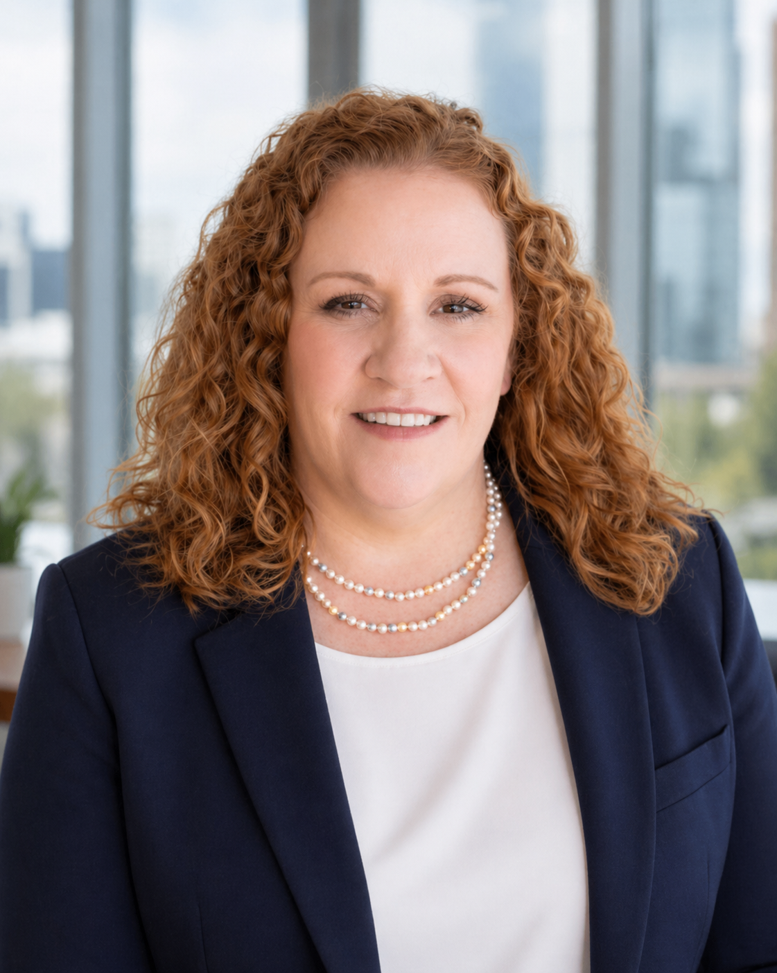 A smiling woman with curly red hair wearing a white shirt with a navy blue blazer in a modern office setting.