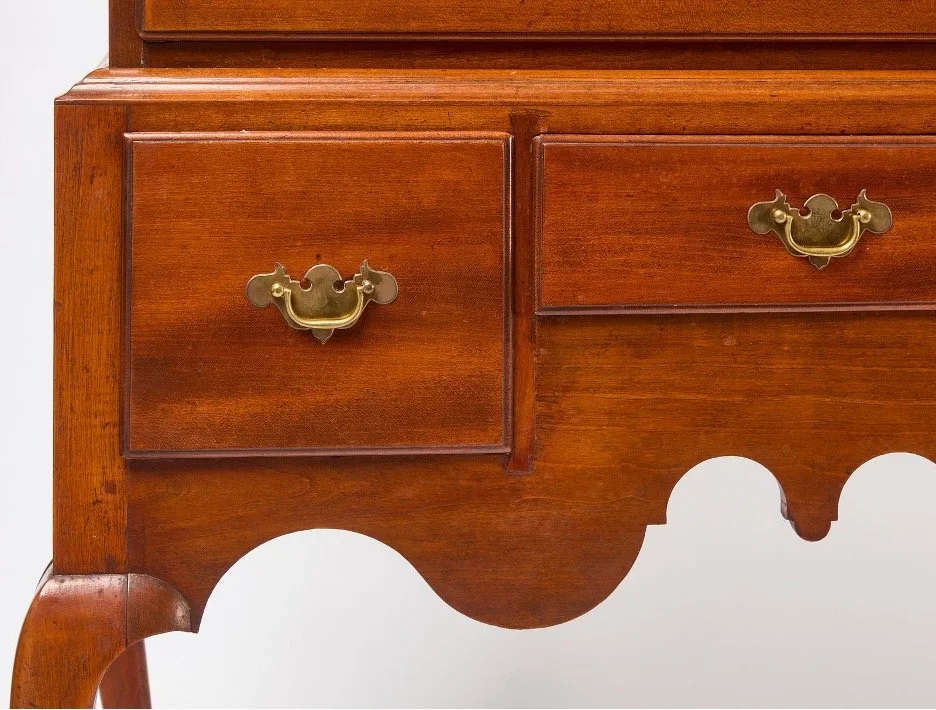 Queen Anne Flat Top Highboy drawer front closeup