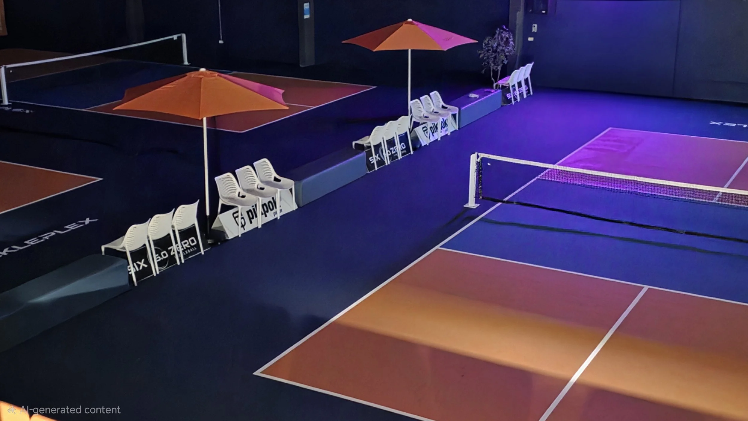 Empty indoor tennis court with orange and pink umbrellas, white chairs, and a blue court surface illuminated by purple lighting.