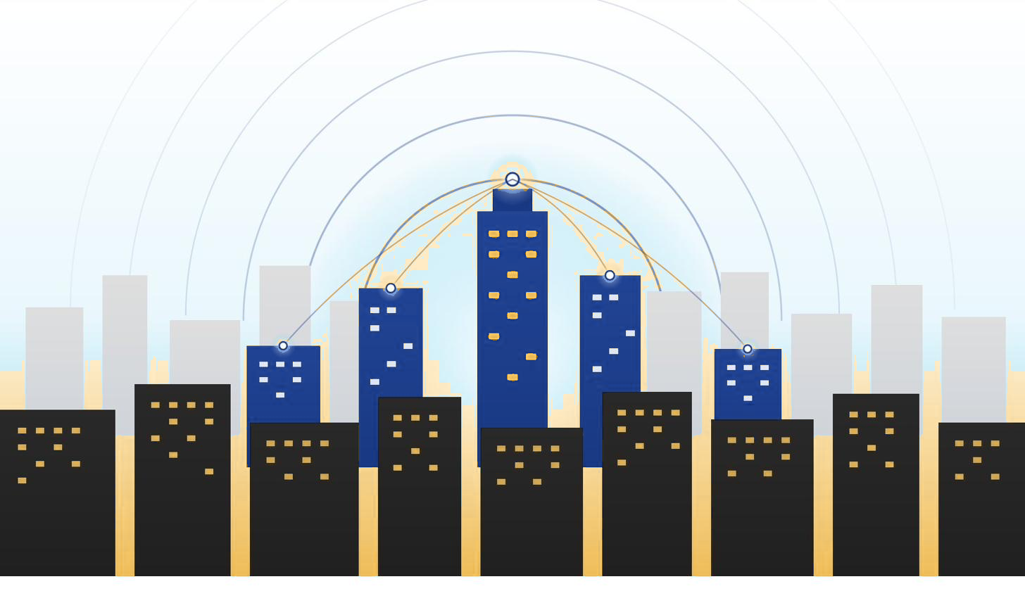 Illustration of a city skyline at sunset or sunrise with several tall buildings. Overlaid are lines connecting the buildings, suggesting data flow or network connections, with concentric circles radiating outward in the background.