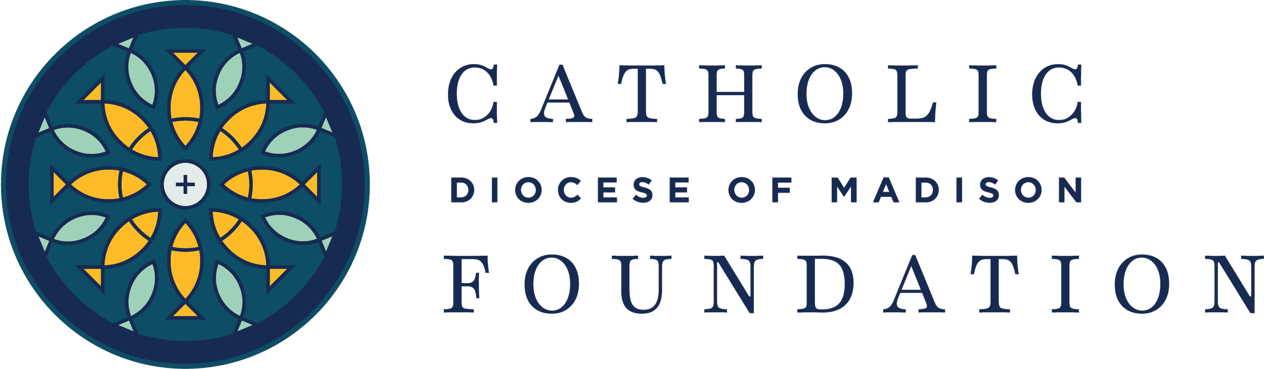 Logo of the Catholic Diocese of Madison Foundation featuring a stained glass window with a cross at the center and the organization name written next to it.
