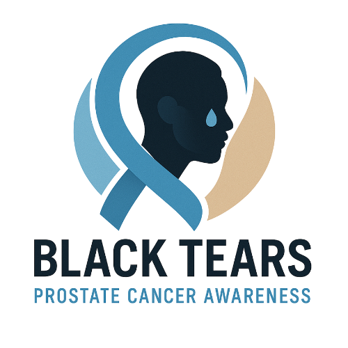 Logo for Black Tears Prostate Cancer Awareness showing a silhouette of a man’s face with a tear, a blue ribbon, and the text 'Black Tears Prostate Cancer Awareness'.