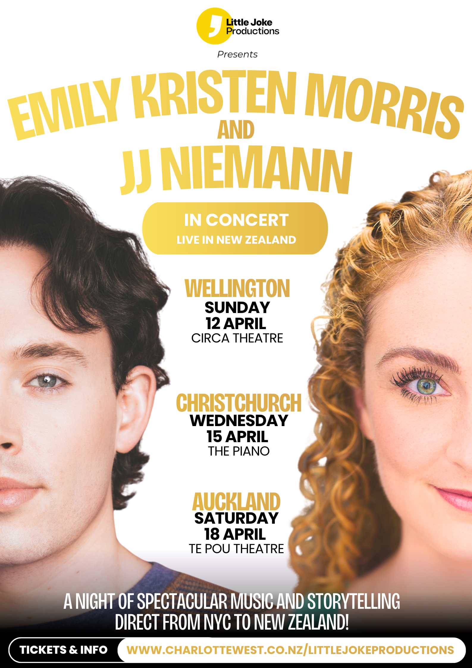 Concert poster announcing performances by Emily Kristen Morris and JJ Niemann in New Zealand, with dates and venues in Wellington, Christchurch, and Auckland.