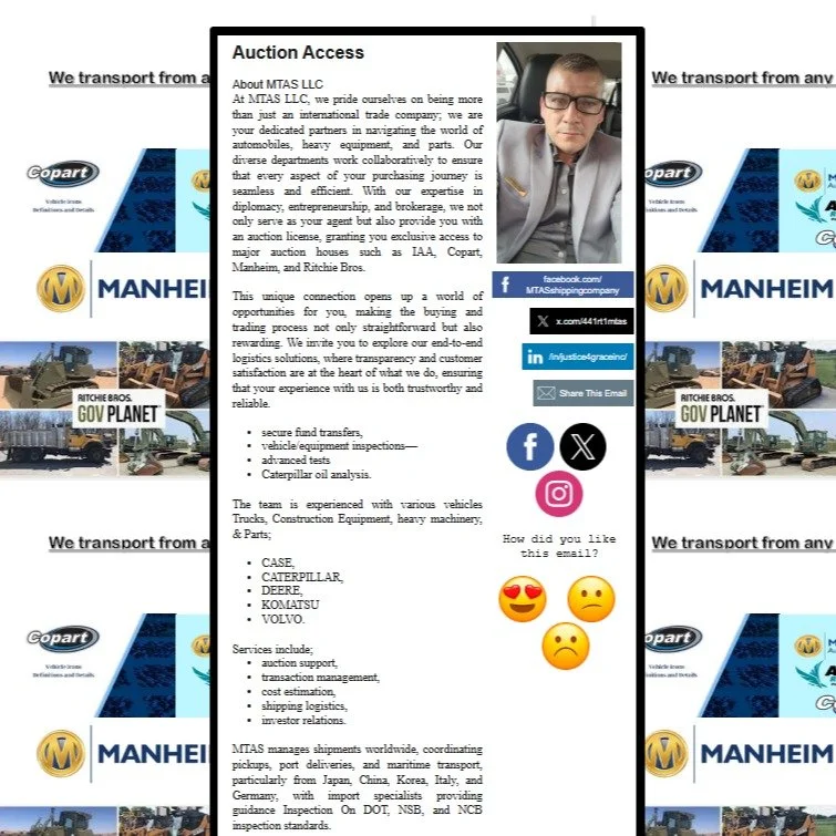 En MTAS, nos enorgullece ser su socio de confianza en el acceso a subastas a nivel global, facilitando la compra de equipos pesados, automóviles, motocicletas, botes y jet skis. Como sus agentes en los Estados Unidos, garantizamos un proceso e