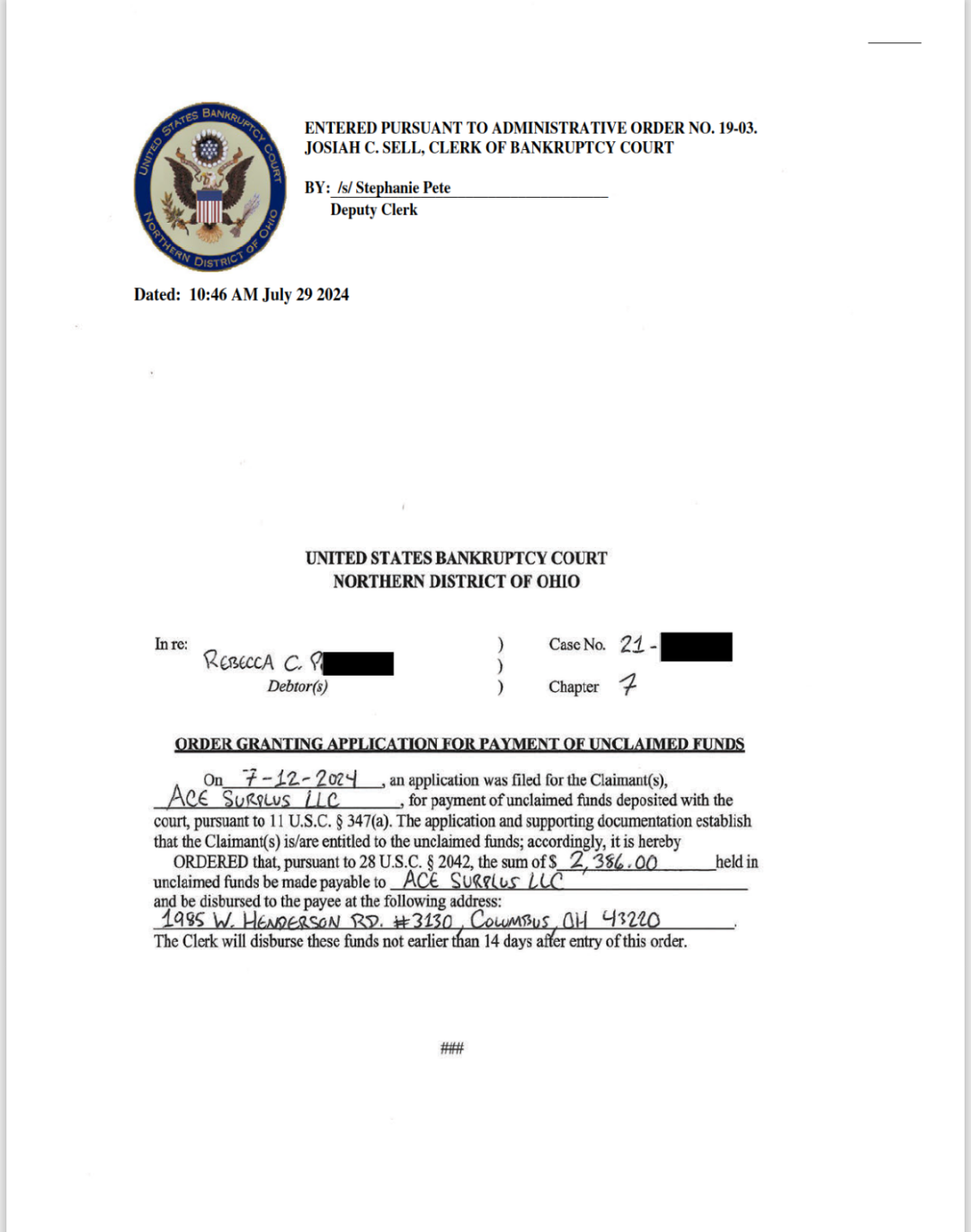 Rebecca P. (OH) - $2,386.00 Recovered