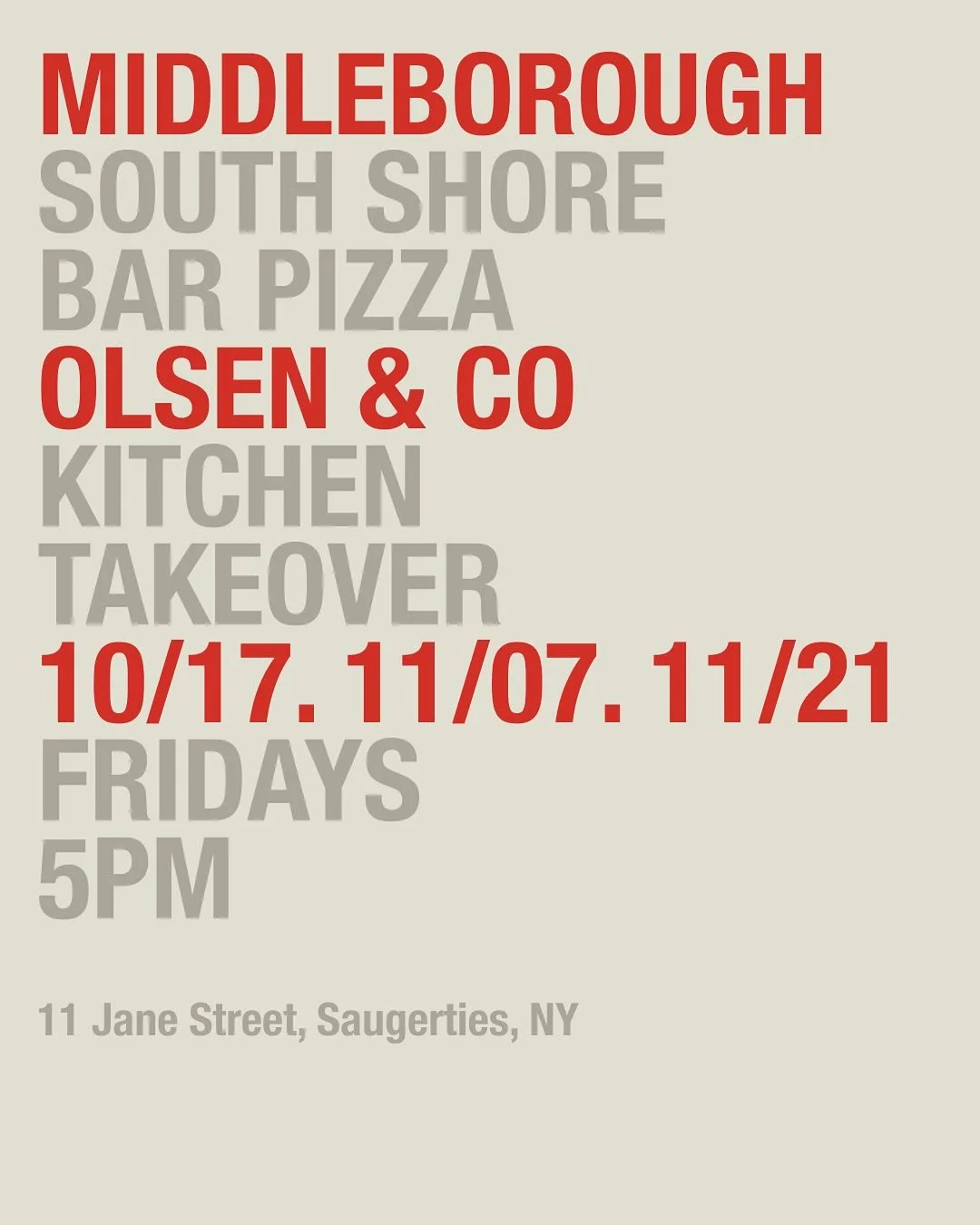 We’re taking over the kitchen at @olsenandcompany for a few Fridays this fall.
Come grab a South Shore Bar Pizza, a glass of wine, and hang out in Saugerties!
