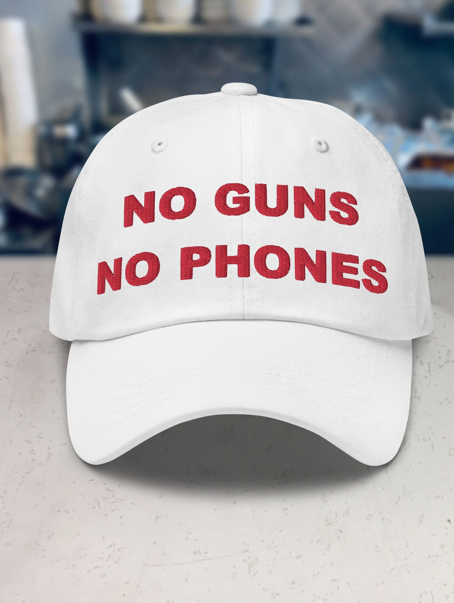 b-and-h-dairy-no-guns-no-phones_dad_hat_white_front.jpg