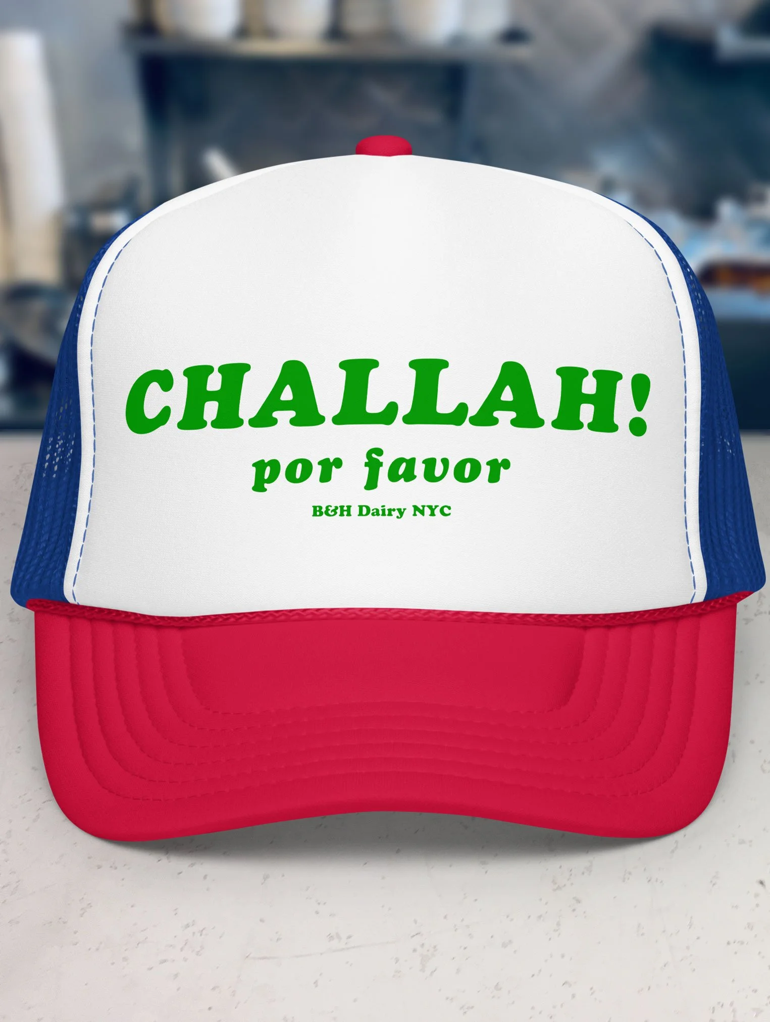 b-and-h-dairy_challah-por-favor_trucker-hat_red-white-blue_front.jpg