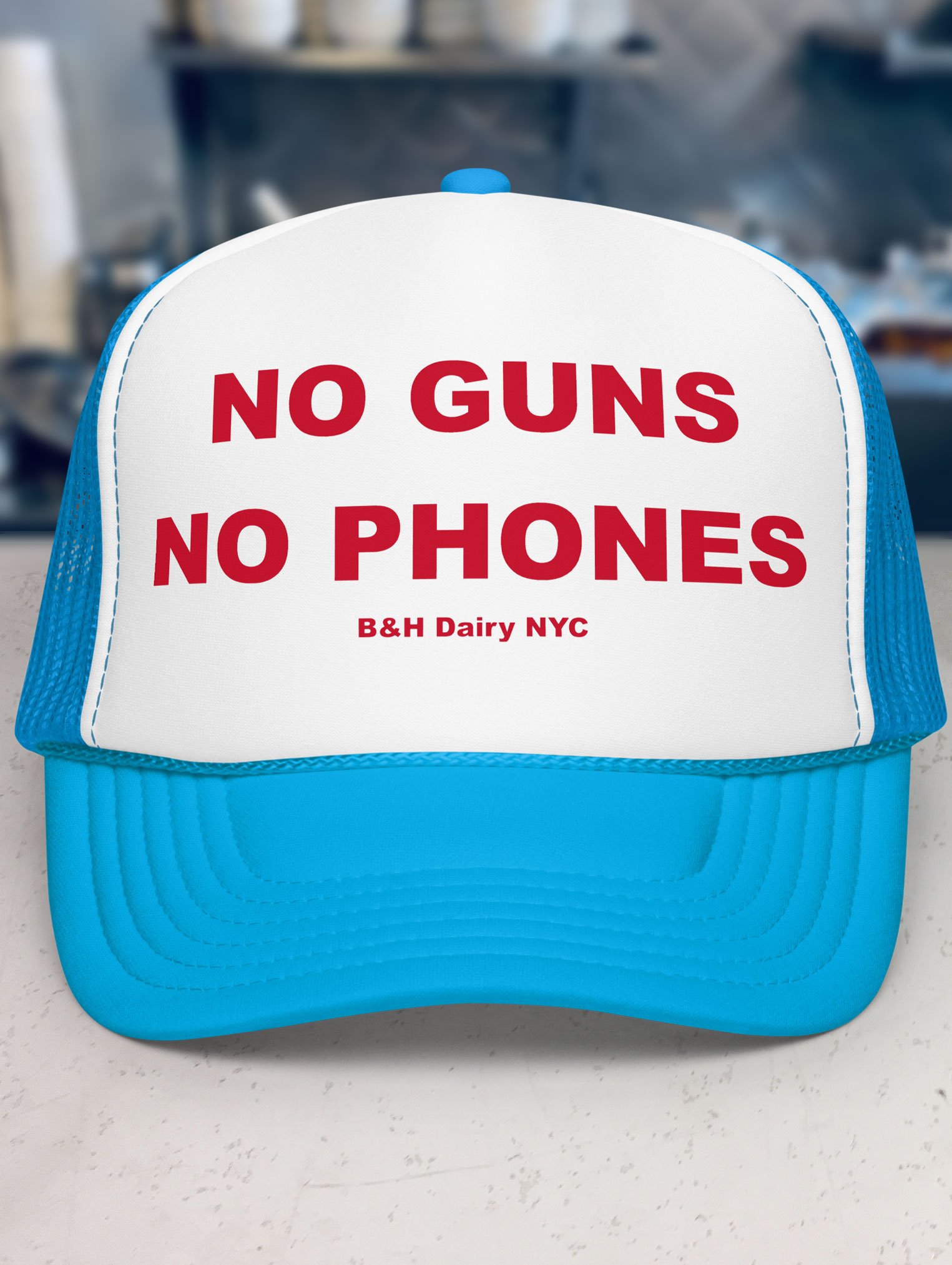 b-and-h-dairy_no-guns-no-phones_trucker-hat_blue-and-white_front.jpg
