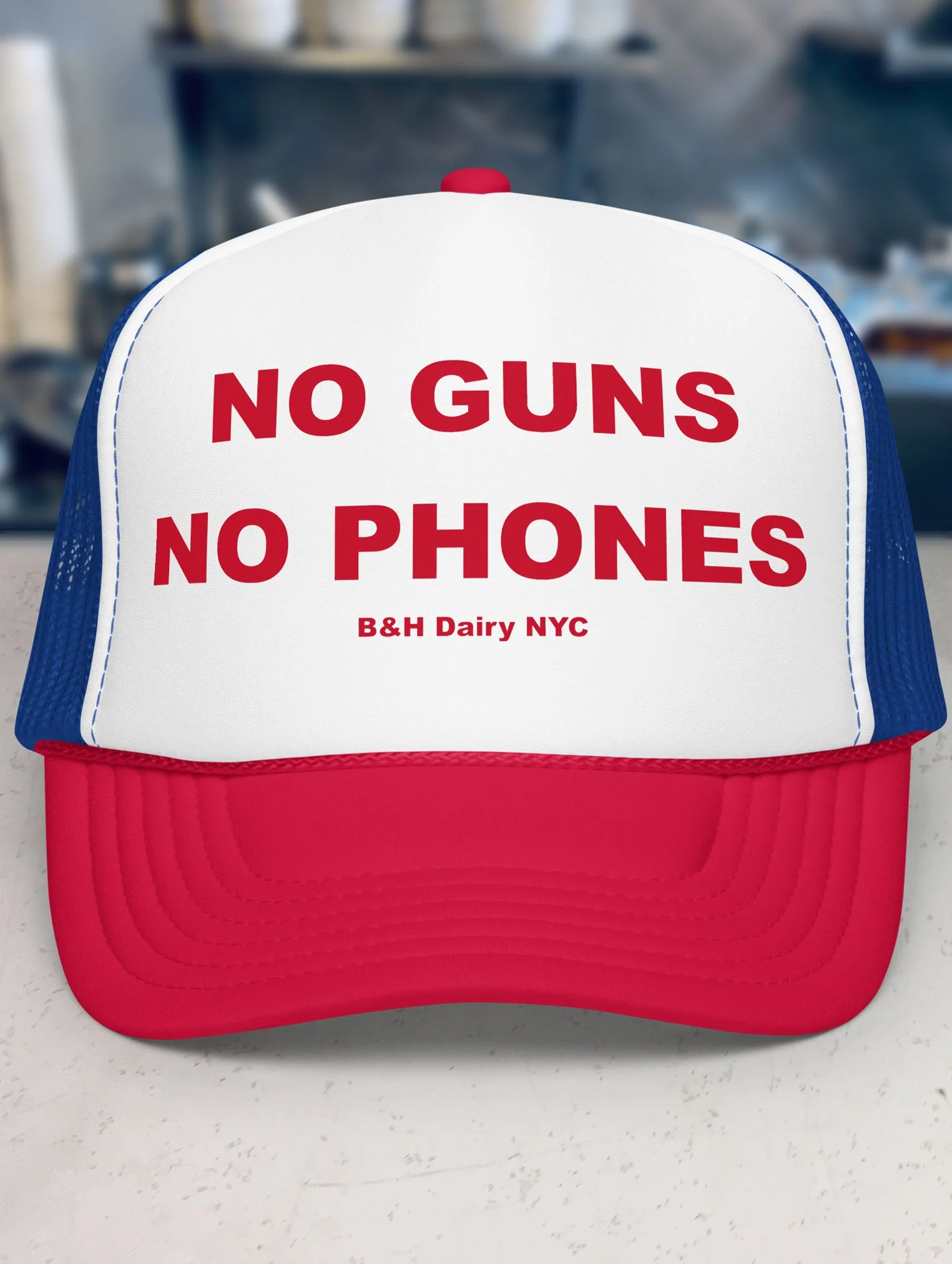 b-and-h-dairy_no-guns-no-phones_trucker-hat_red-white-blue_front.jpg