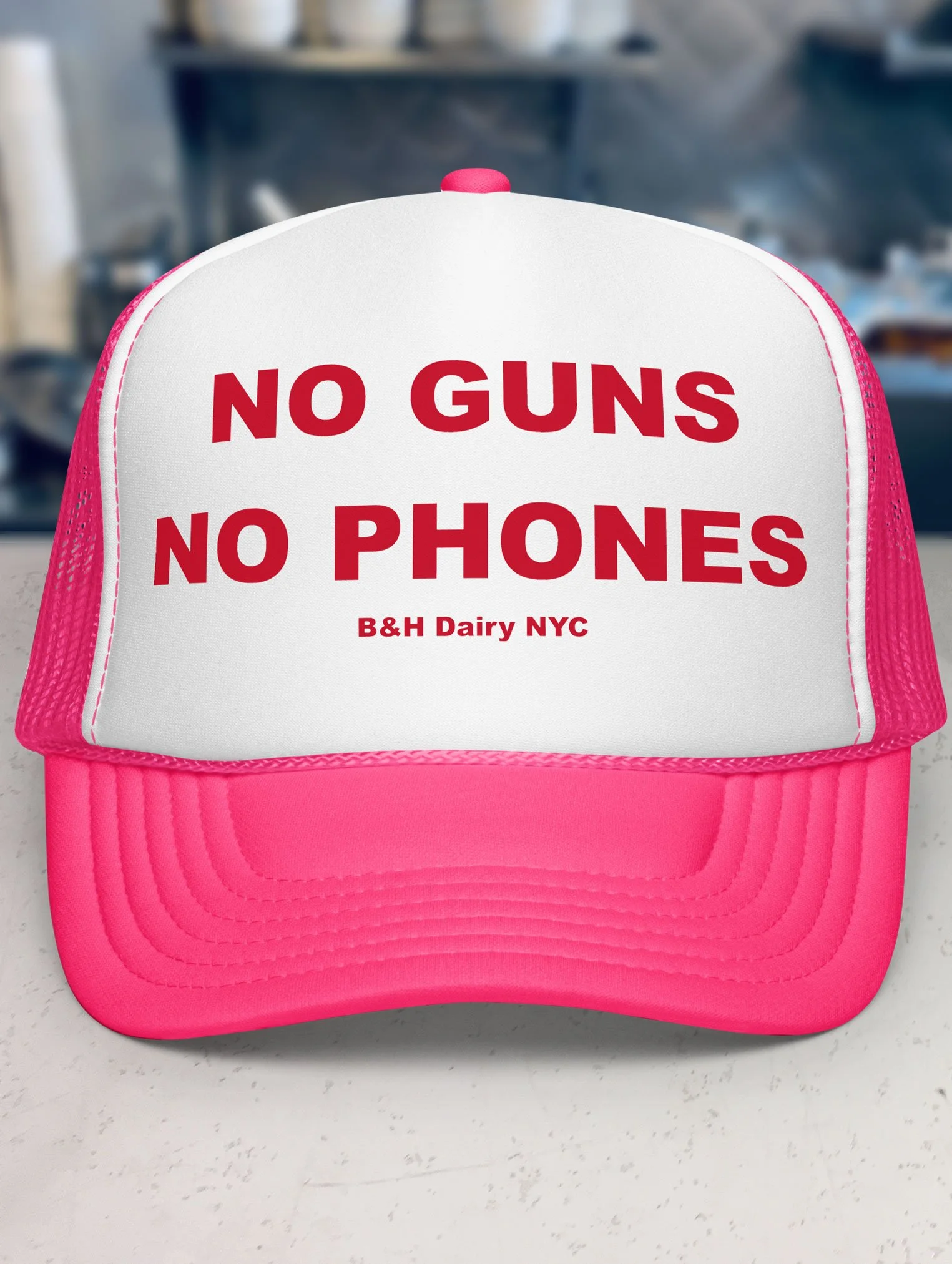 b-and-h-dairy_no-guns-no-phones_trucker-hat_hot-pink-and-white_front.jpg