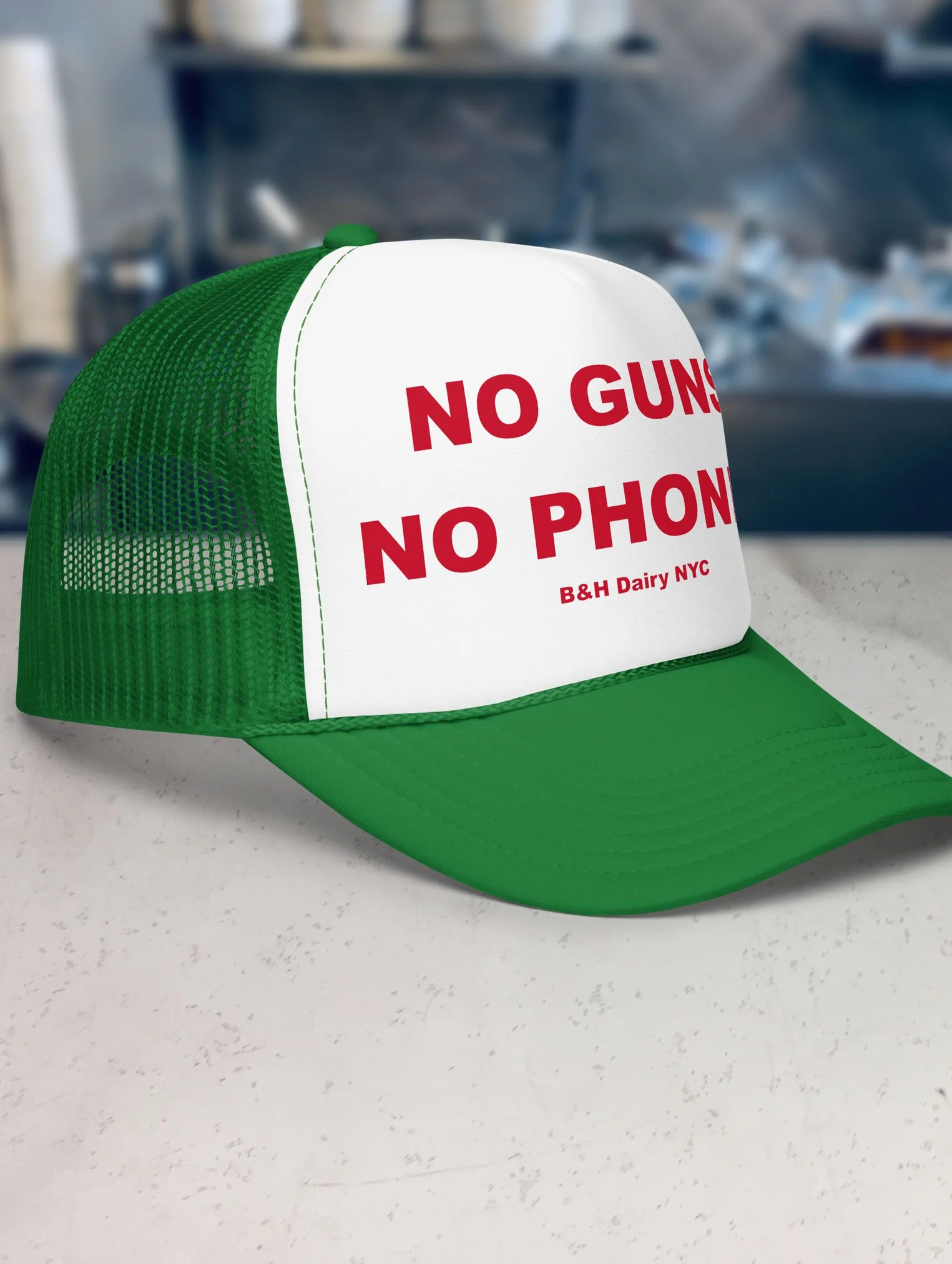 b-and-h-dairy_no-guns-no-phones_trucker-hat_kelly-green-and-white_side.jpg