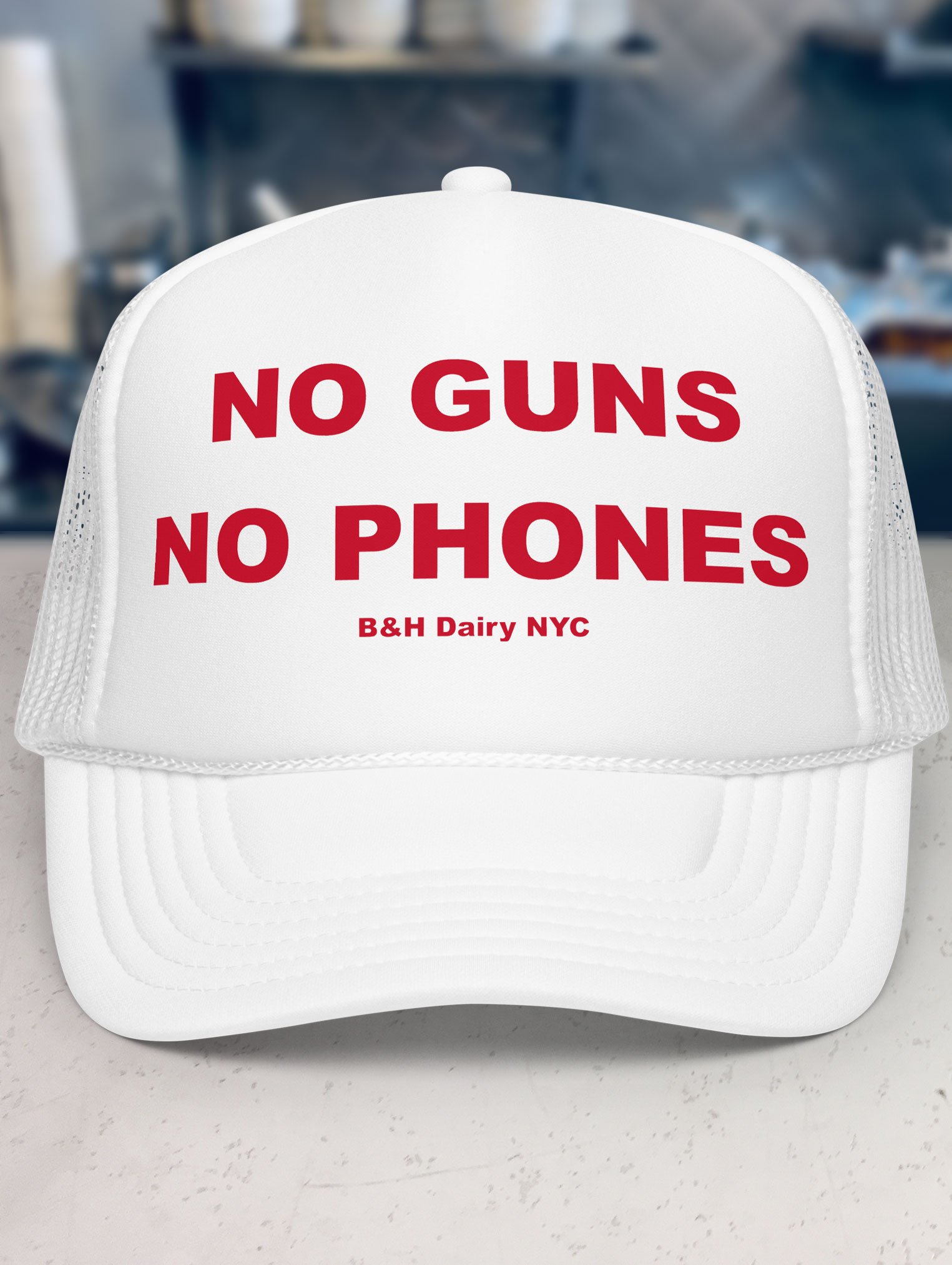 b-and-h-dairy_no-guns-no-phones_trucker-hat_white_front.jpg
