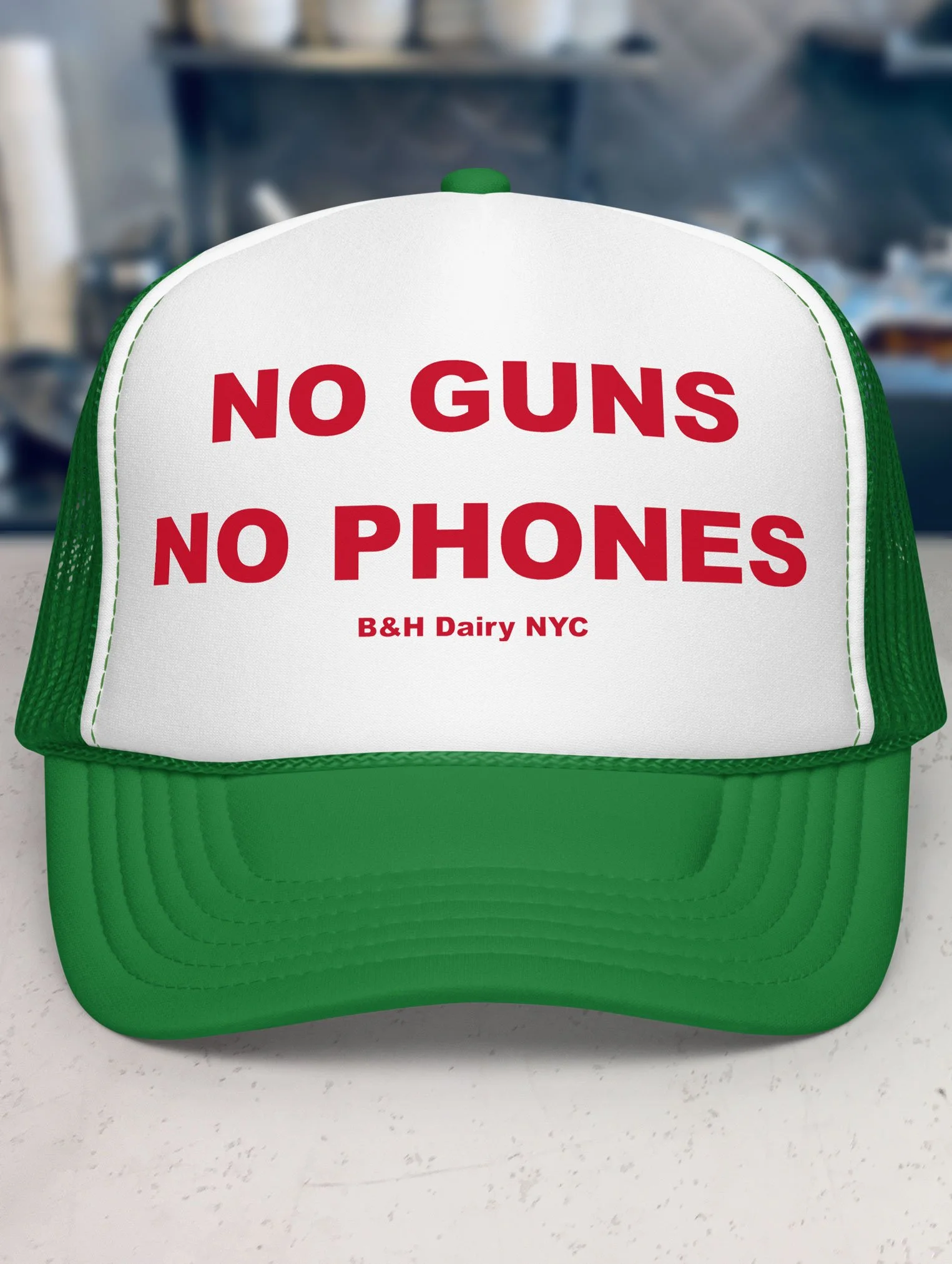 b-and-h-dairy_no-guns-no-phones_trucker-hat_kelly-green-and-white_front.jpg