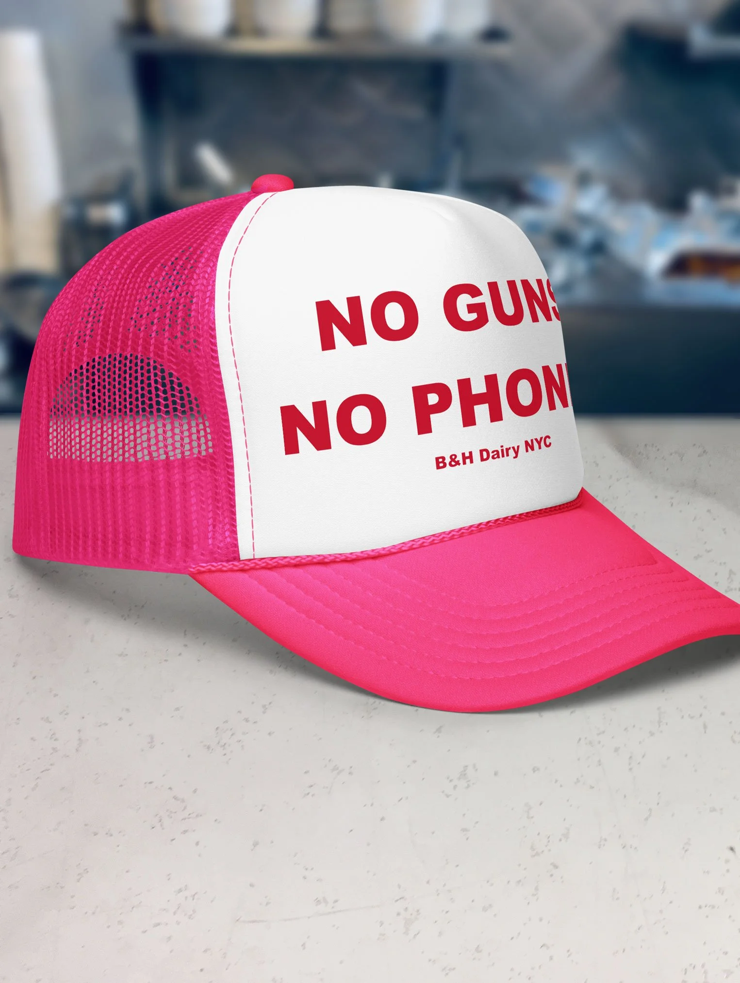 b-and-h-dairy_no-guns-no-phones_trucker-hat_hot-pink-and-white_side.jpg