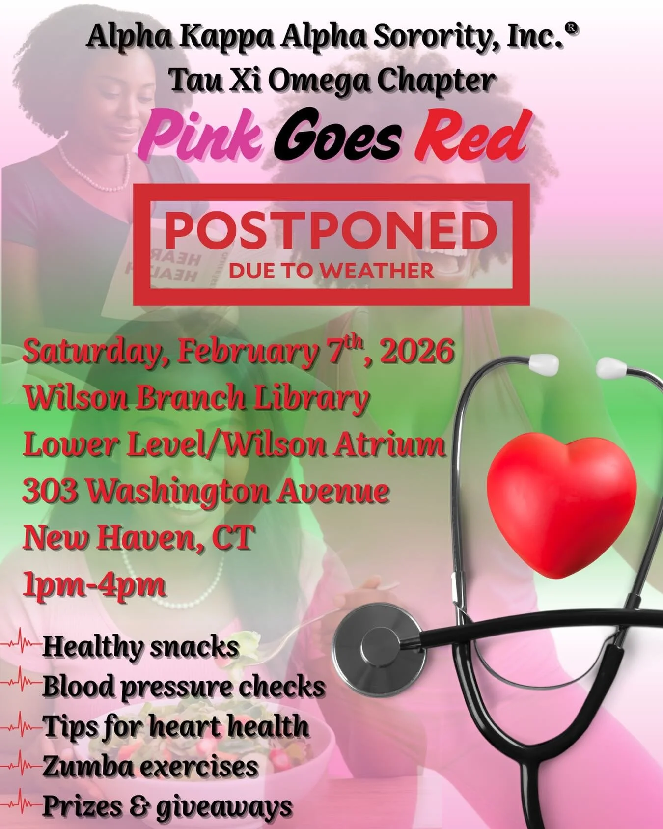 Unfortunately due to the pending inclement weather, we have made the tough decision to postpone our Pink Goes Red event for tomorrow. We will keep you posted on our new date! Please be safe and stay warm this weekend! 🩷💚❤️