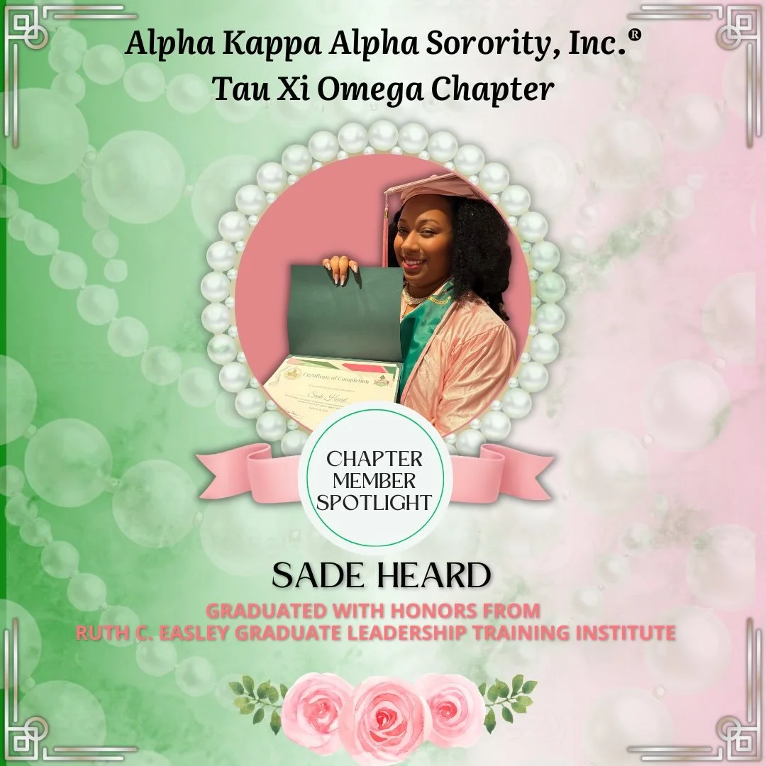 Tau Xi Omega Chapter would like to congratulate chapter member Sade Heard who graduated from the sorority&rsquo;s @nar_1908 Ruth C. Easley Graduate Leadership Training Institute with honors during this year&rsquo;s regional conference. Throughout the