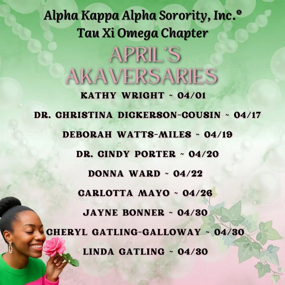 Tau Xi Omega Chapter would like to wish all of its chapter members who were initiated into the sorority during the month of April a very happy AKAversary! We are so blessed to have such dedicated and diligent members in our chapter!🩷💚👏🏾 #AKA1908