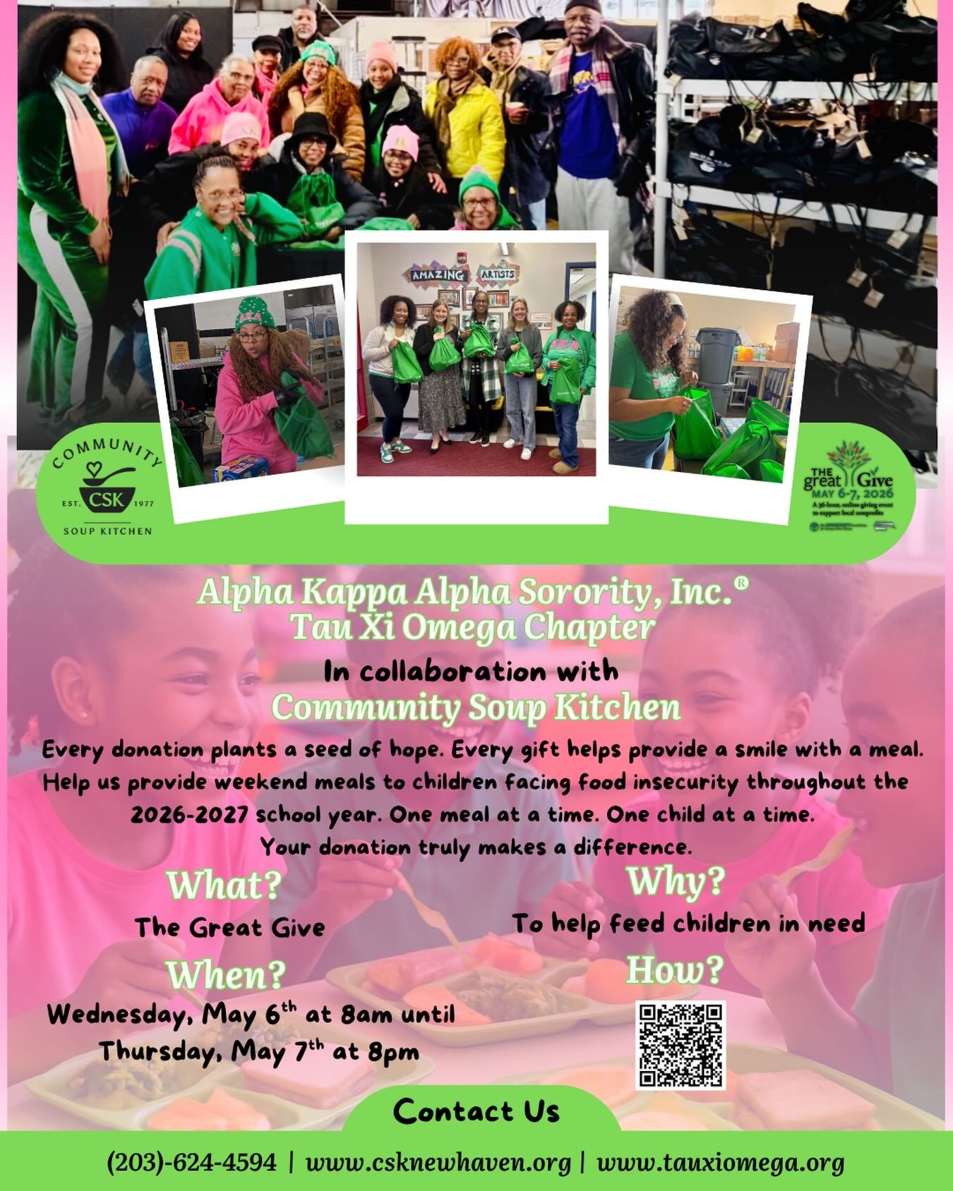 Tau Xi Omega Chapter in collaboration with the @csknewhaven will be participating in this year&rsquo;s Great Give starting tomorrow, May 6th at 8:00 AM through Thursday, May 7th at 8:00 PM. Our goal is to raise $30,000 to provide weekend meals to chi