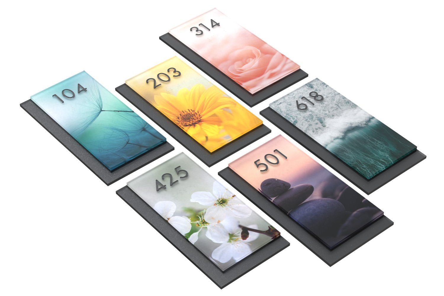 Custom room number signs for general use. Multi-layered acrylic sign with digitally printed photo backgrounds.
