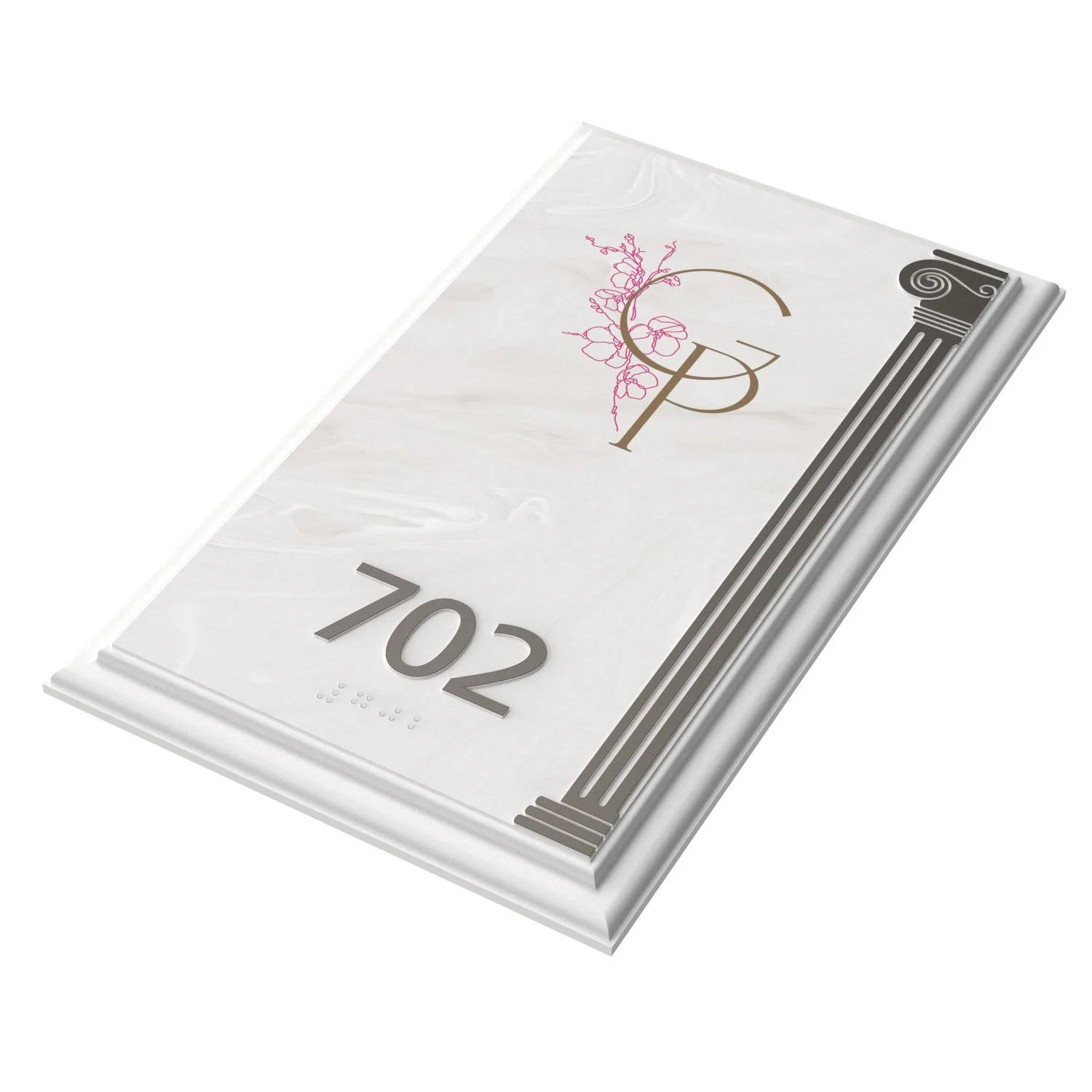 Custom hotel room number sign. Sandblasted text and column, with digitally printed logo.