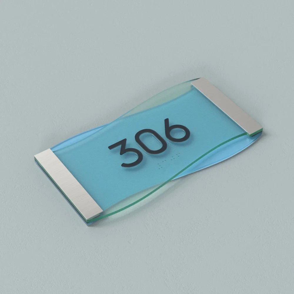 Custom sign design. Layered faux-glass acrylic with trophy metal accents.