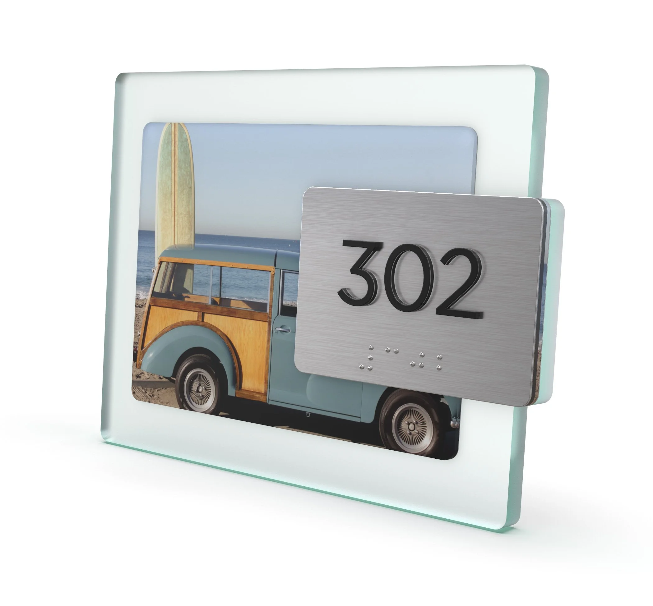 Custom hotel room number sign. Multi-layer acrylic and engraving stock sign with digitally printed photo.