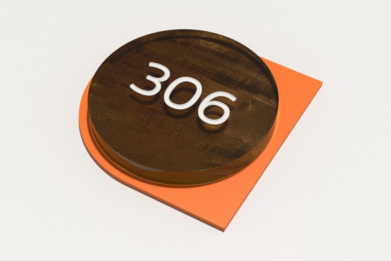 Custom room number design. Acrylic with subsurface printed faux wood grain. The straight edge aligns with the door frame.
