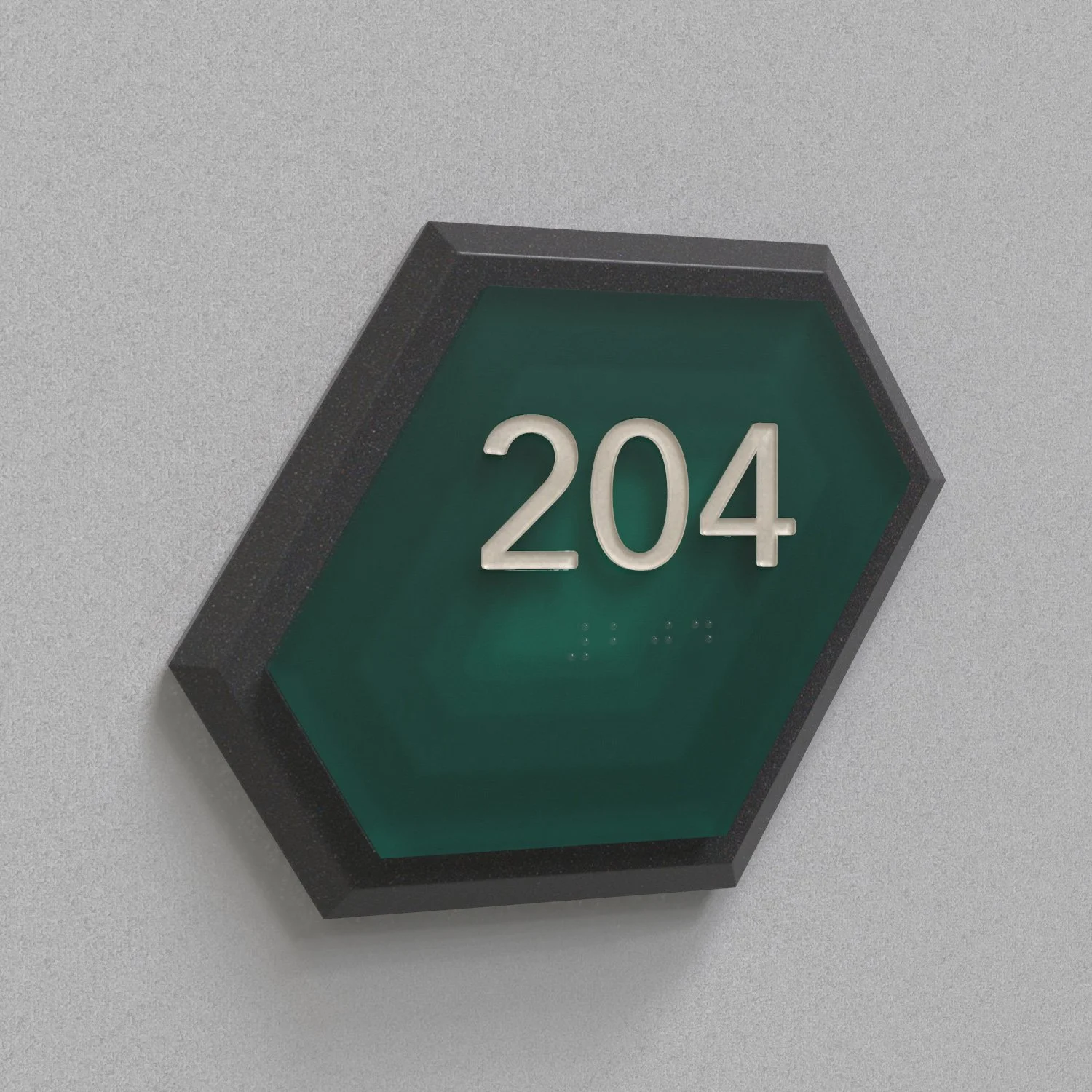 Custom room number for a standard product line proposal. Frosted acrylic with subsurface printed graphics on a laminated MDF back plate.