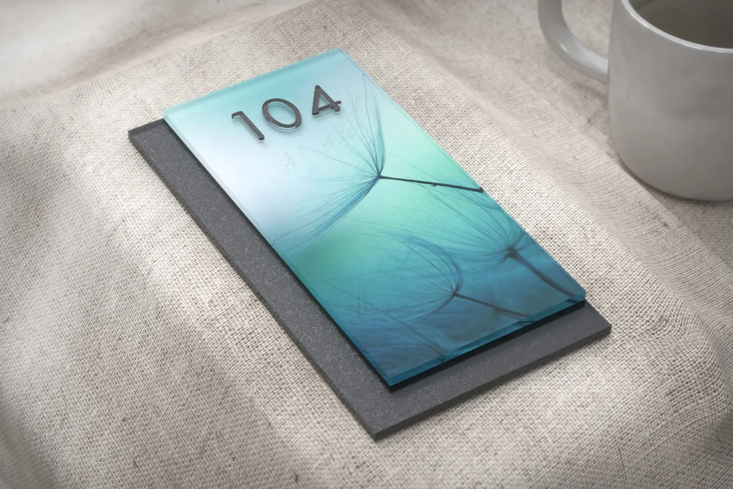 Custom room number sign for general use. Multi-layered acrylic sign with digitally printed photo background.