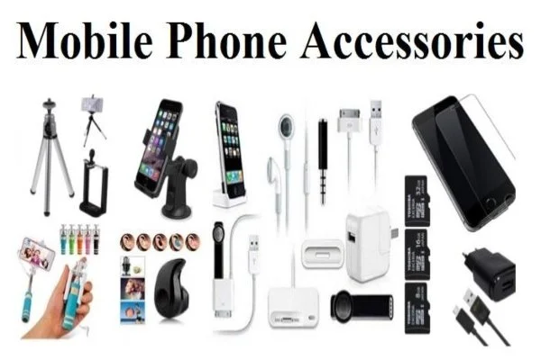Array of various mobile phone accessories including tripods, mounts, smartphones, earbuds, chargers, portable power banks, memory cards, and cables, labeled 'Mobile Phone Accessories'.