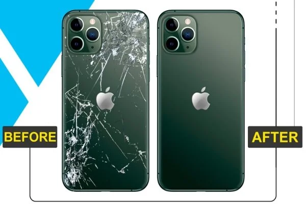 Comparison of two Apple iPhones, one with a cracked screen labeled 'BEFORE' and the other with a pristine screen labeled 'AFTER'.