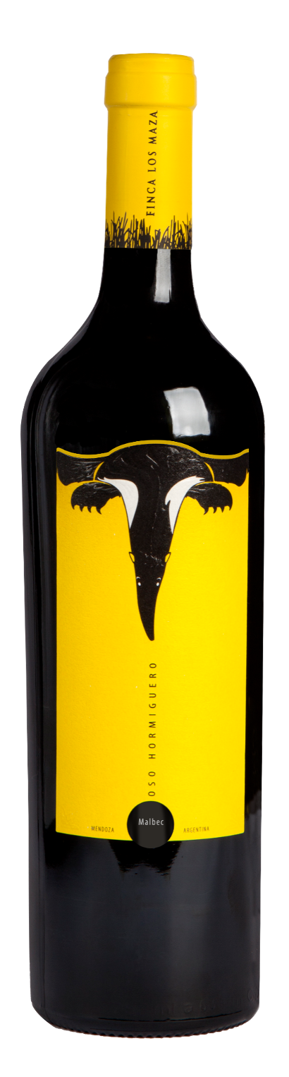 A bottle of red wine with a yellow label and yellow foil capsule. The label features a black illustration of an ox's face, with the text 'Oso Hormiguero' and 'Malbec.' The capsule has the text 'Finca Los Maza' and a black cap design, and the bottle is from Mendoza, Argentina.