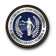 Seal of the Clerk of the Circuit Court and County Judge of Seminole County, Florida, featuring a female figure holding scales and a sword, surrounded by a laurel wreath and text.