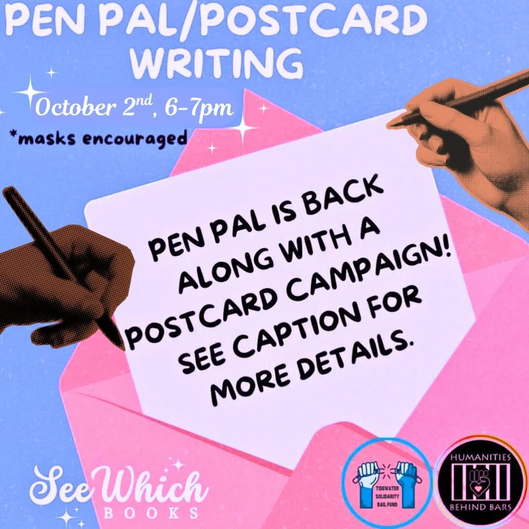 Join us THIS Thursday, 6-7pm @seewhichbooks for pen-pal writing hour! Check out our &ldquo;Take Action&rdquo; tab on humanitiesbehindbars.org for more information on our pen pal program! 💌📪🖊️