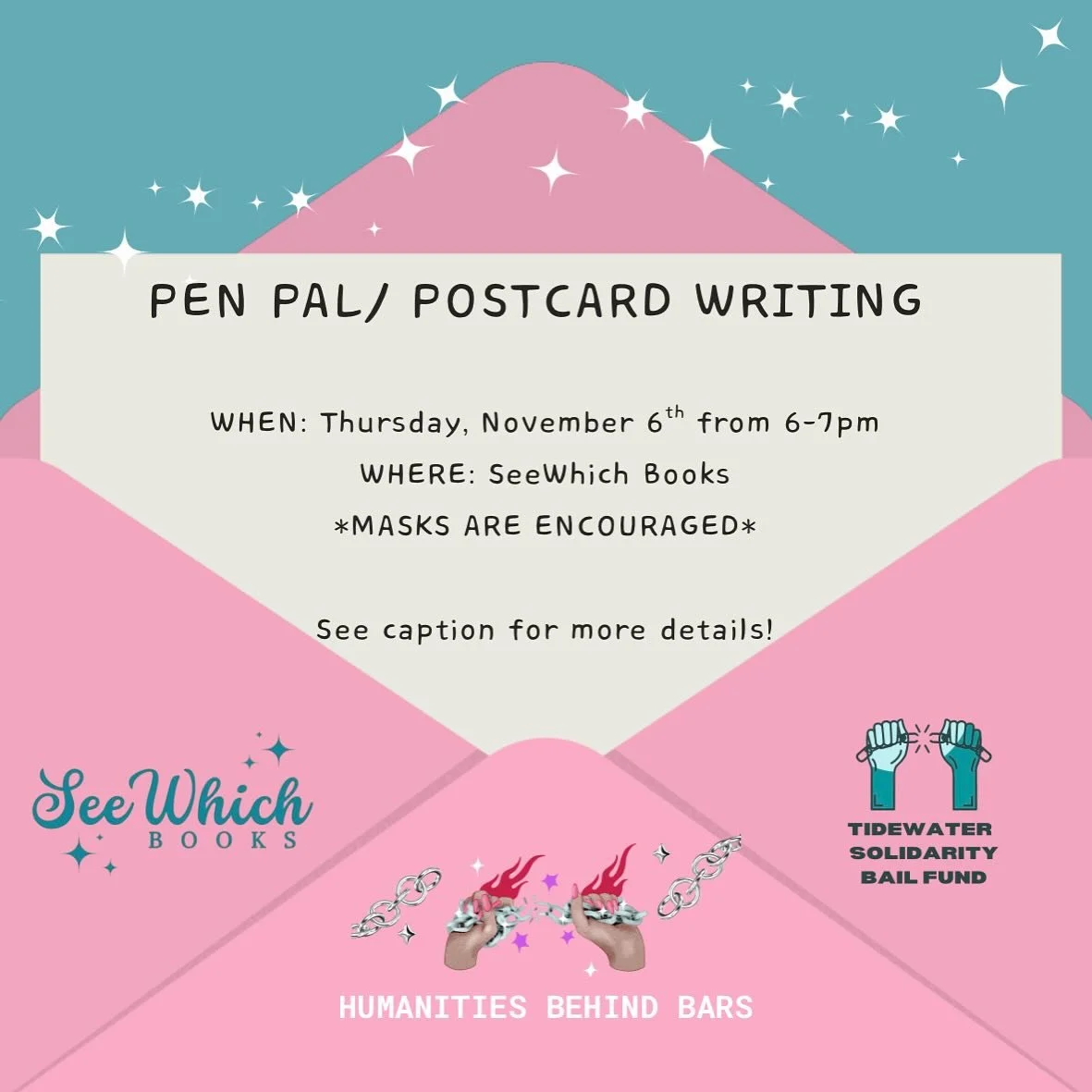 Hey! Join us THIS Thursday, 6-7pm @seewhichbooks for pen-pal writing hour! Check out our &ldquo;Take Action&rdquo; tab on humanitiesbehindbars.org for more information on our pen pal program! See you soon 🤓😷💌📪🖊️