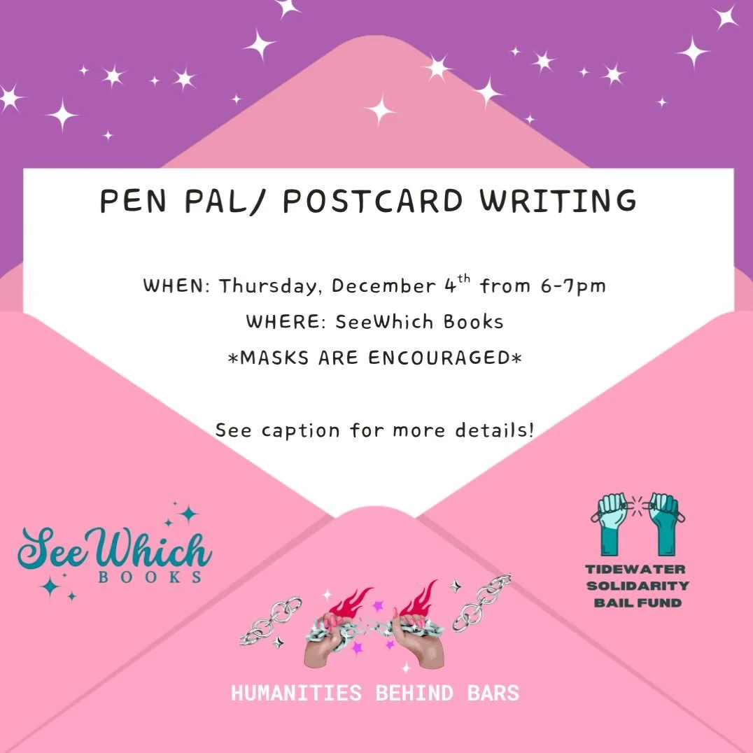 Join us TODAY from 6-7pm @seewhichbooks for pen-pal writing hour! Check out our &ldquo;Take Action&rdquo; tab on humanitiesbehindbars.org for more information on our pen pal program! See you soon! 😌