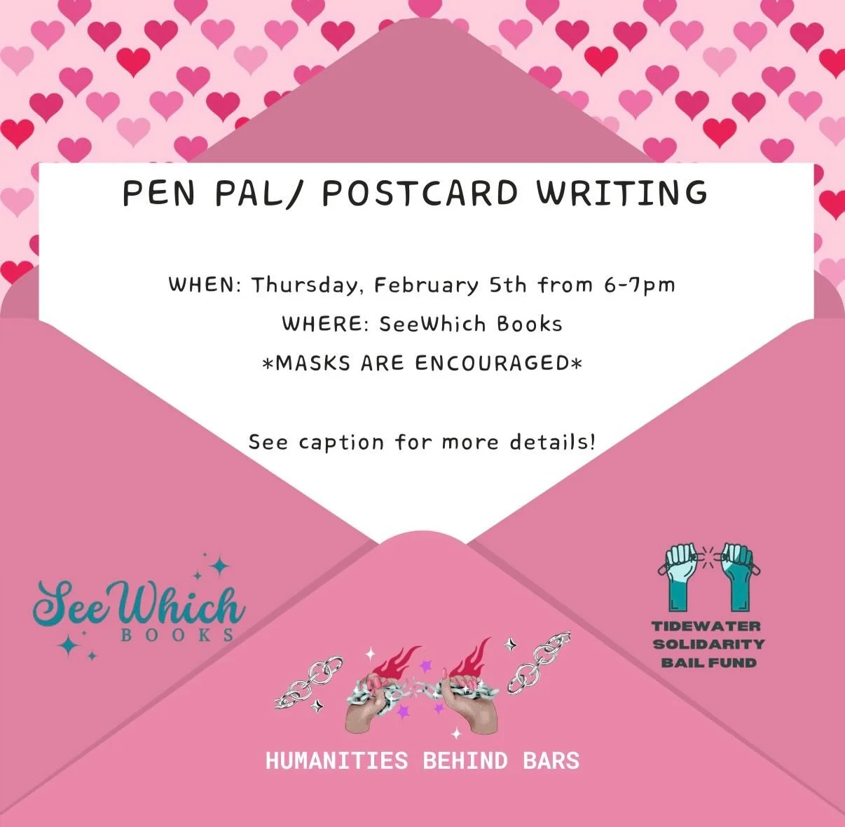 Penpal writing session @seewhichbooks this Thursday , February 5th from 6-7pm! Join us &amp; learn more about the letter writing process. More info is also available on our website (humanitiesbehindbars.org) in the &ldquo;Take Action&rdquo; tab. 😁