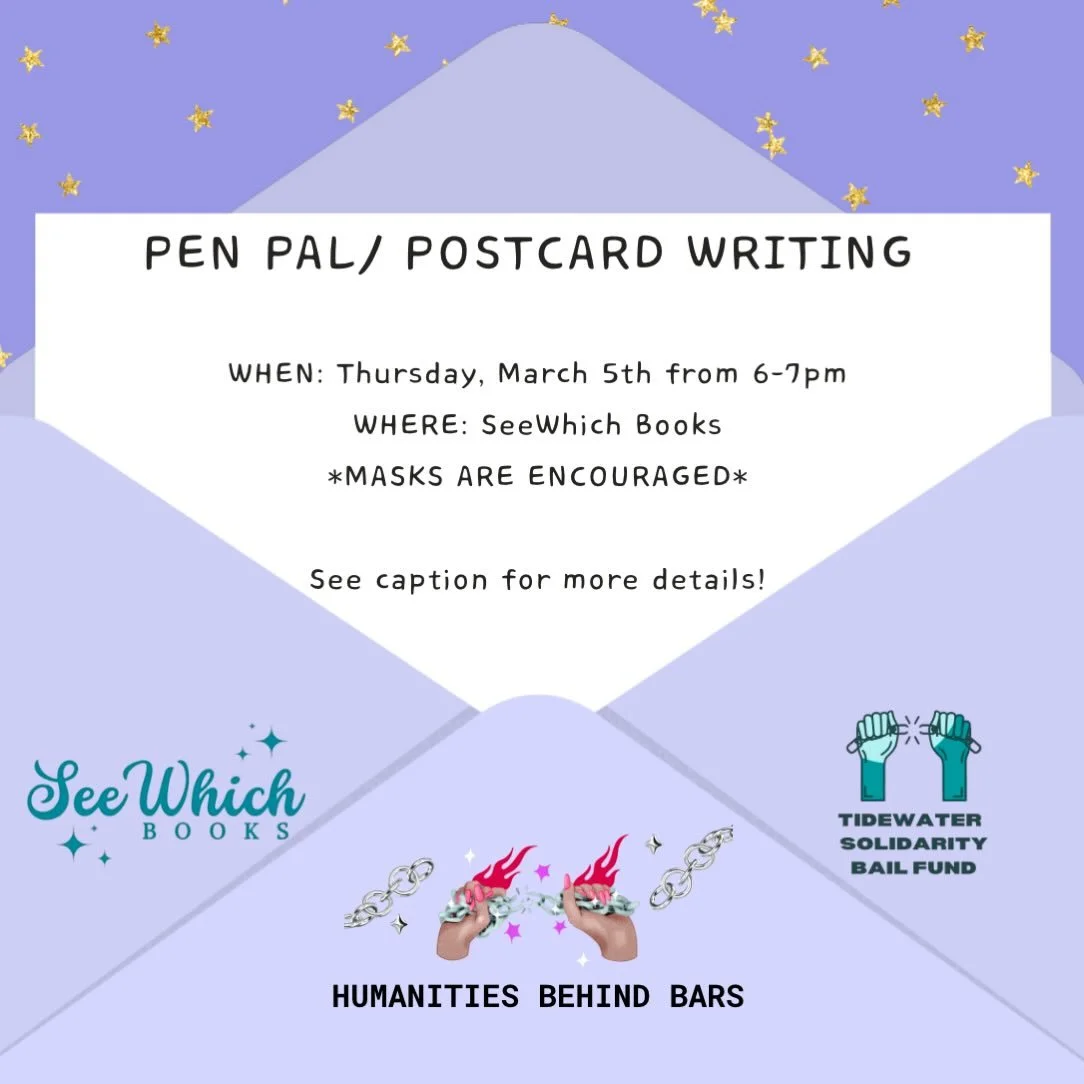 Penpal writing session @seewhichbooks this Thursday , March 5th from 6-7pm! Join us &amp; learn more about the letter writing process. More info is also available on our website (humanitiesbehindbars.org) in the &ldquo;Take Action&rdquo; tab. 🌟