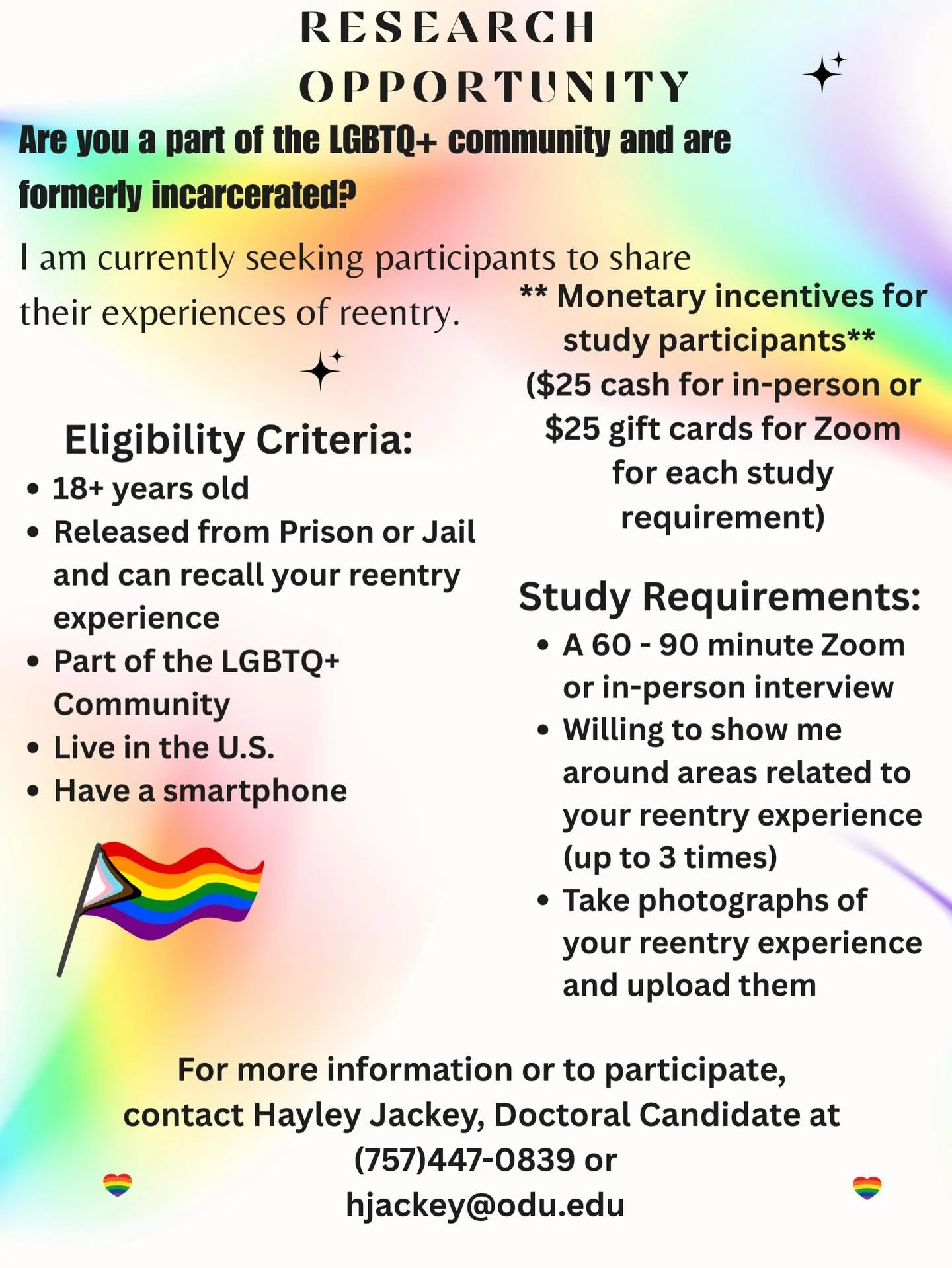 We are sharing an updated flyer on behalf of a local grad student looking to do research with LGBTQ+ folks who have been directly impacted by incarceration within the US!

Please help us circulate this flyer by sharing this post.