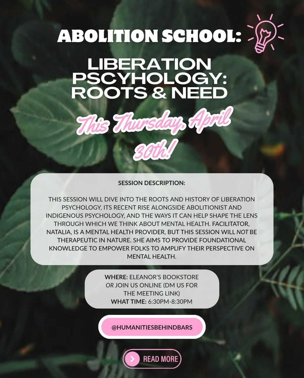 Abolition School is THIS THURSDAY @eleanorsnfk (or join online, dm us for the meeting link) AT 6:30pm! We&rsquo;re lucky enough to have our discussion on &ldquo;Liberation Psychology&rdquo; be led by Natalia, another one of our Abolition School schol