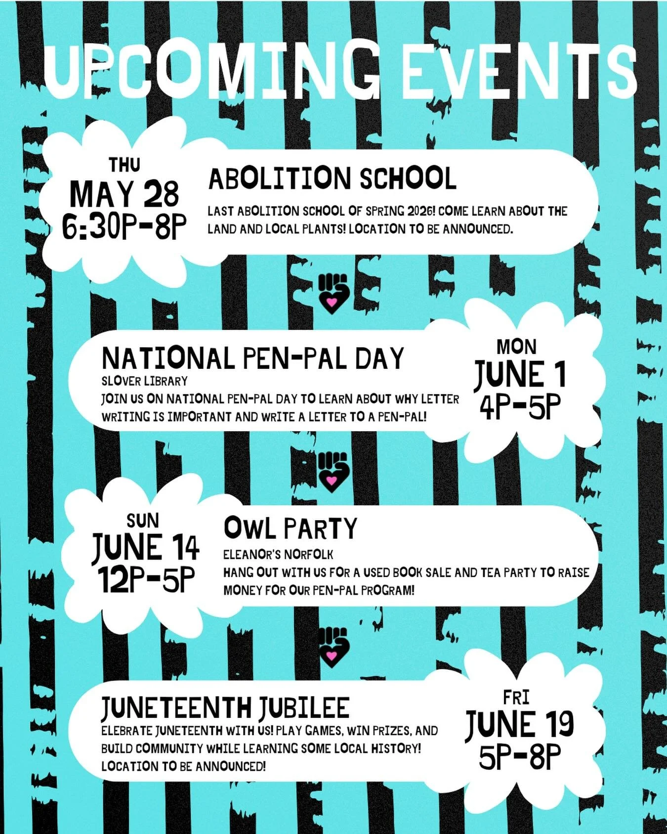Hey comrades and friends! We have some exciting things coming up so make sure you mark your calendars and tell your friends and neighbors to join you! Summer is just getting started and this year, it's all about building and freedom dreaming. Let's g