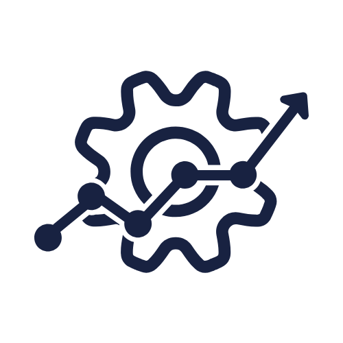 Symbol eines Zahnrads mit aufsteigender Linie und Pfeil, die Wachstum oder Fortschritt darstellen.