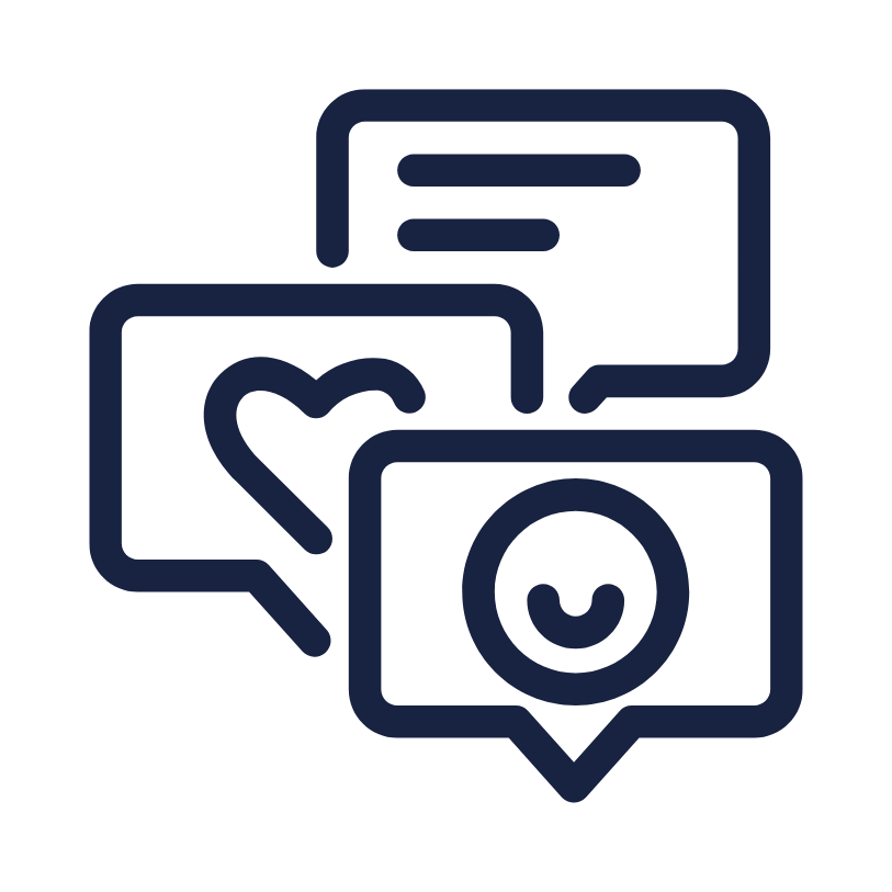 Icon mit drei Sprechblasen, eine mit einem Herz, eine mit einem Smiley, eine mit Textlinien