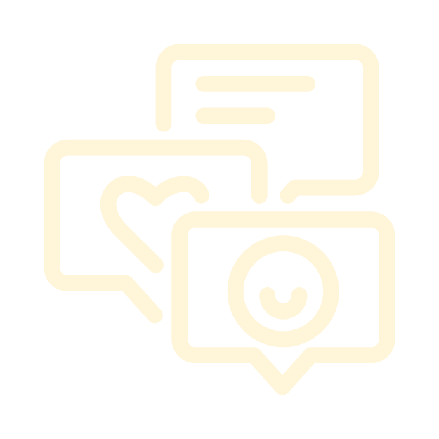 Icons von Sprechblasen mit Herz, Lächeln und Text, symbolisieren Kommunikation und positive Interaktion.
