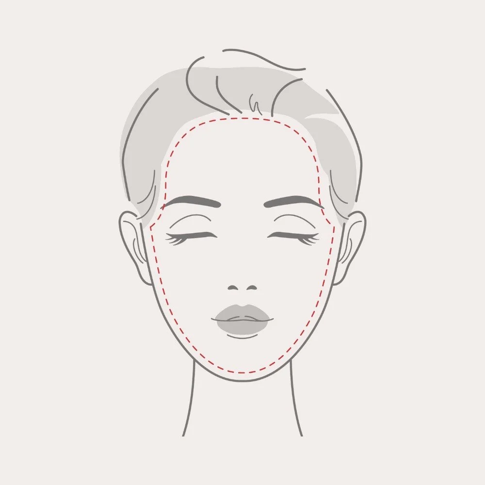 Line illustration of a face, with the full face outlined as the treatment area