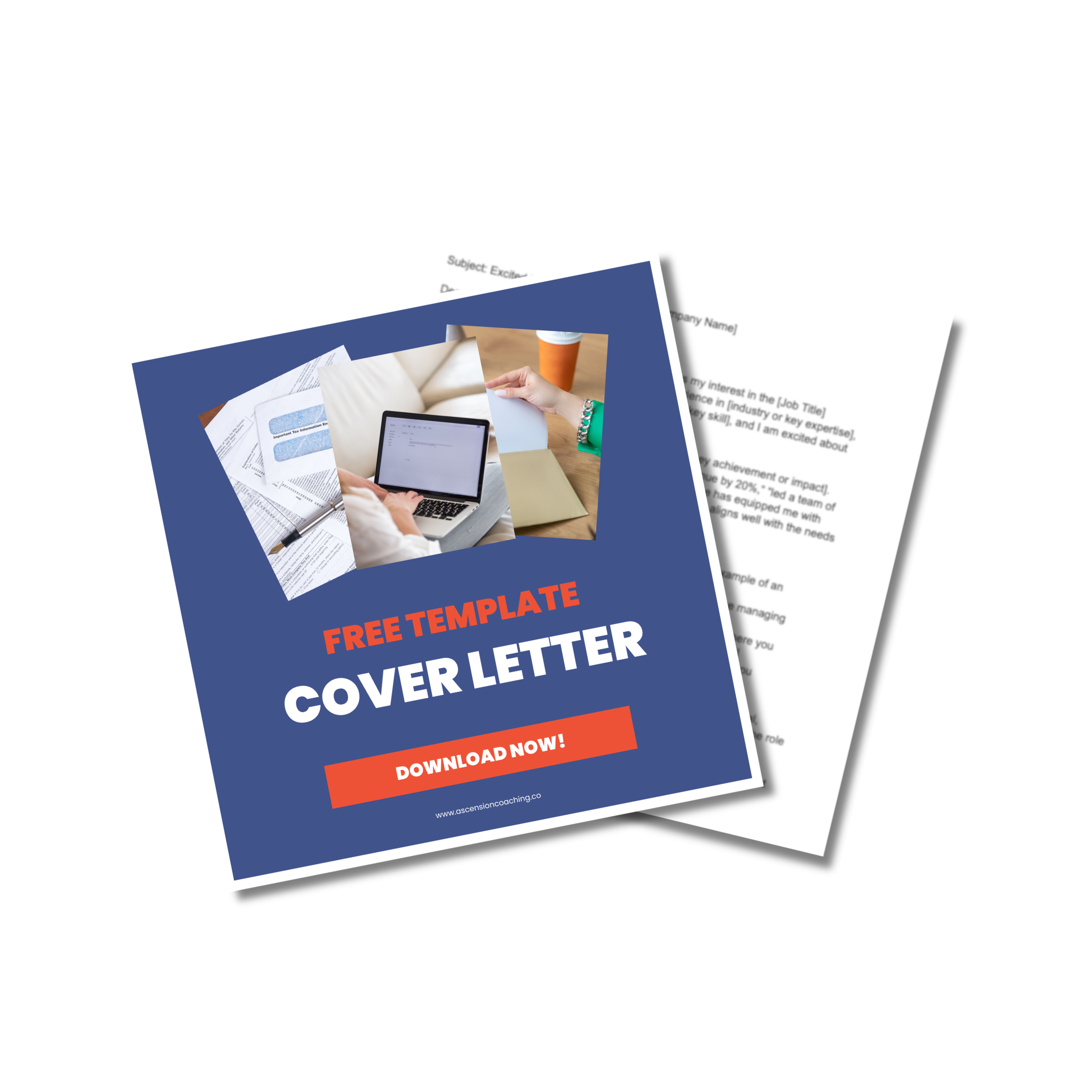 Cover letter template with a blue background, a photo of a person typing on a laptop, and text that reads 'Free Template Cover Letter Download Now!'